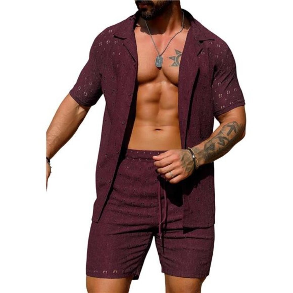 Lace Shirt & Shorts Set Wine Red 2-Piece Beach Outfit Men